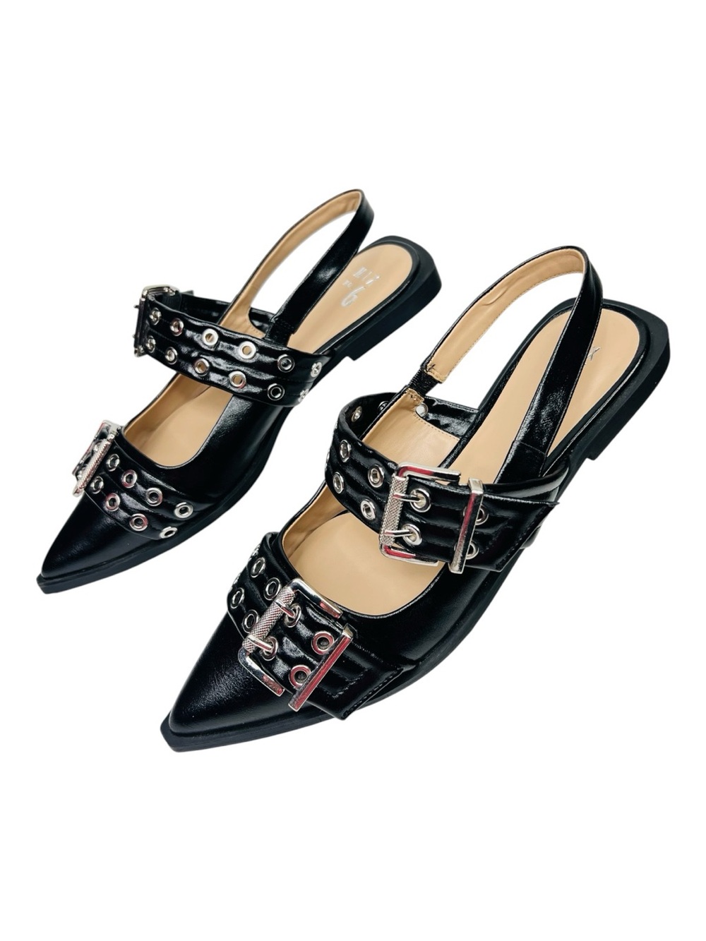 Mix No. 6 Sybel Black Pointed Toe Punk-Inspired Slingback Ballerina Flats Sz11